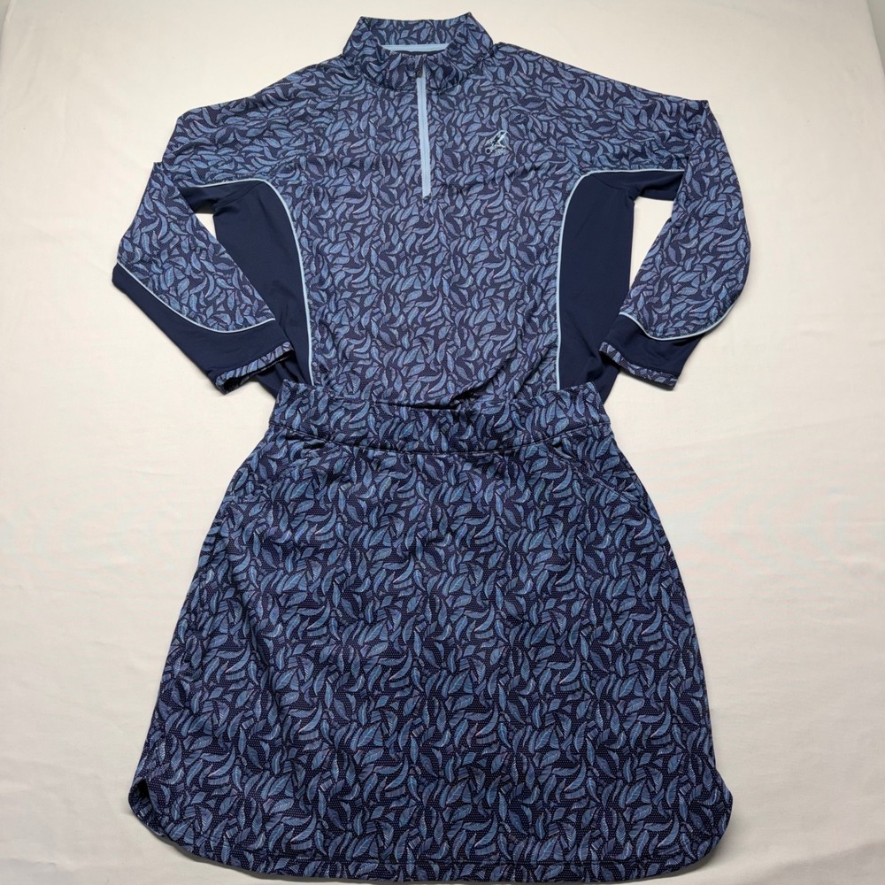 Peter Millar Womens Golf Set M Blue Leaf Print Quarter Zip Top Skort‎ Resort